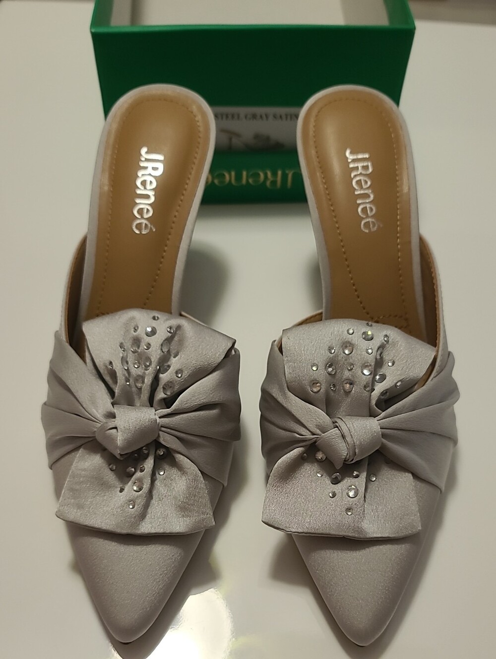 J.Renee Silver Satin Pointed-Toe Mules with Knotted Bow Size 8.5